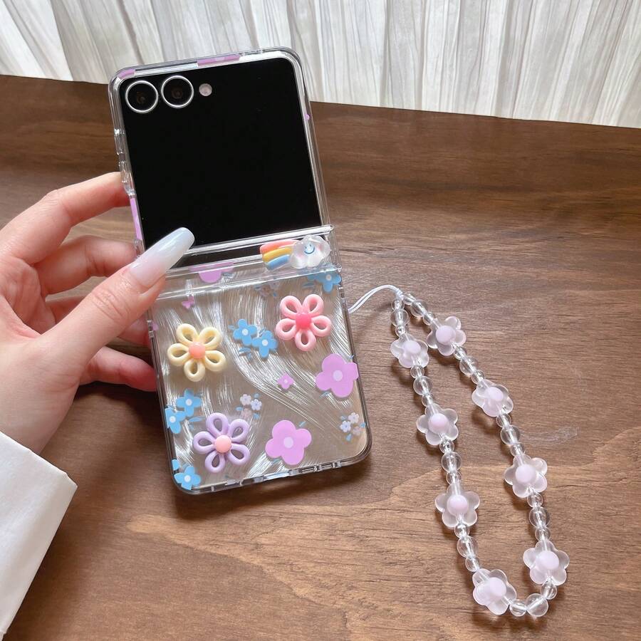 Custodia pieghevole per telefono con texture a piuma e fiori 3D con catena, adatta per Samsung Galaxy Z Flip3 5G/Galaxy Z Flip 4 5G/Galaxy Z Flip 5 5G/Galaxy Z Flip 6 5G/Galaxy Z Flip 7 5G, nuova custodia pieghevole artistica per telefono - Multicolore - Visualizzare 1