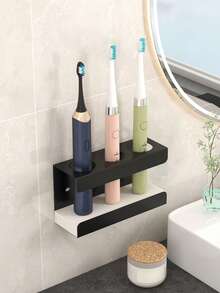 1 pieza Soporte para cepillo de dientes, Organizador de cepillo de dientes eléctrico, Caja de almacenamiento de 3 ranuras para el baño, Soporte multifuncional para cepillo y pasta de dientes - Accesorio de ducha esencial - Negro - Ver 1