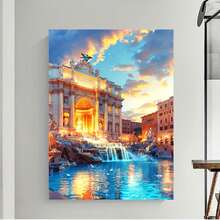 Enmarcado Lienzo impreso plano 2D con fuente romana -  plano 2D , diseño de edificio histórico vintage con cielo al atardecer y cascada, ideal para dormitorio, decoración de sala de estar, dormitorio universitario y regalo para el hogar,  de fuente, obra de arte para sala de estar, obra de arte de cielo dramático, plano 2D - Enmarcado - Ver 5