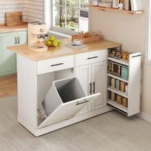 Kitchen Island On Casters With Fold-Down Worktop, Kitchen Trolley With Waste Bin, 4-Tier Spice Rack, 2 Drawers And Lockable Casters, 120 * 45 (70) * 93 Cm - White - View 1