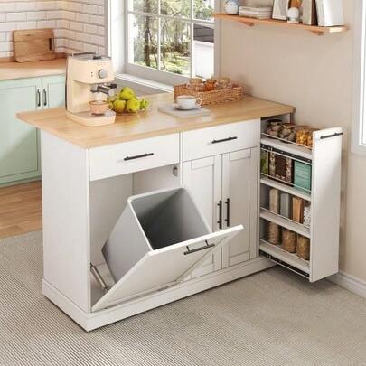 Kitchen Island On Casters With Fold-Down Worktop, Kitchen Trolley With Waste Bin, 4-Tier Spice Rack, 2 Drawers And Lockable Casters, 120 * 45 (70) * 93 Cm
