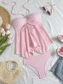 Swim Mod Conjunto de ropa de playa para mujer, de tela texturizada a rayas en color rosa claro, con diseño sin tirantes de tirantes finos, cordón delantero, elegante y casual, y dulce, para resort. Conjunto de ropa de baño de mujer, top de tirantes tipo camiseta y bikini. - Rosa Pálido - Ver 5