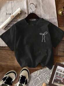 Blusas casuales para dama, playera de mujer algodón negra con texto "Faith Over Fear" y lazos rosas, manga corta holgada, tops de mujer estilo elegante, temporada 2026, ideal para salidas casuales y looks con estilo - Negro - Ver 2