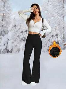 Women's High Waist Black Flare Pants, Warm Thickened Long Winter Pants, Made Of High Elastic Fabric, Suitable For Cold Weather Wear - Black - View 4