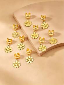 10pcs Flower Pendant Hair Clips, Gold Braided Hair Rings, Hip Hop Style Dreadlock Decorations - Gold - View 2