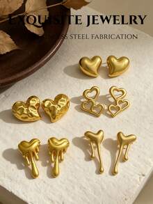 12 Pieces / 6 Pairs Of Heart-Shaped Series Gold Earrings. There Are Various Styles Such As Hammered Heart Shape, Smooth Three-Dimensional Shape, Pleated Heart Shape, Hollow Double Heart Shape, And Melting Heart Shape. - Stainless Steel Set - View 2