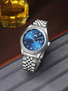 RICECGO 1pc Men's Silver Diamond Quartz Watch, Suitable For Daily Wear, Business Meetings, And Gift Giving - Silver - View 6