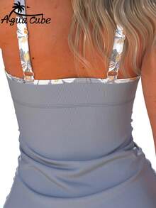 AguaCube [26SS Summer]Floral Print Striped Pit-Ton Pit-Ton Fabric Women's Tankini Set For Beach Resort - Grey - View 5