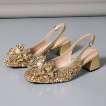 Fashionable Silver Rhinestone Slingback High Heels, Elegant Versatile Street Style Commuter Women's Bow Square Toe Shoes - Gold - View 2