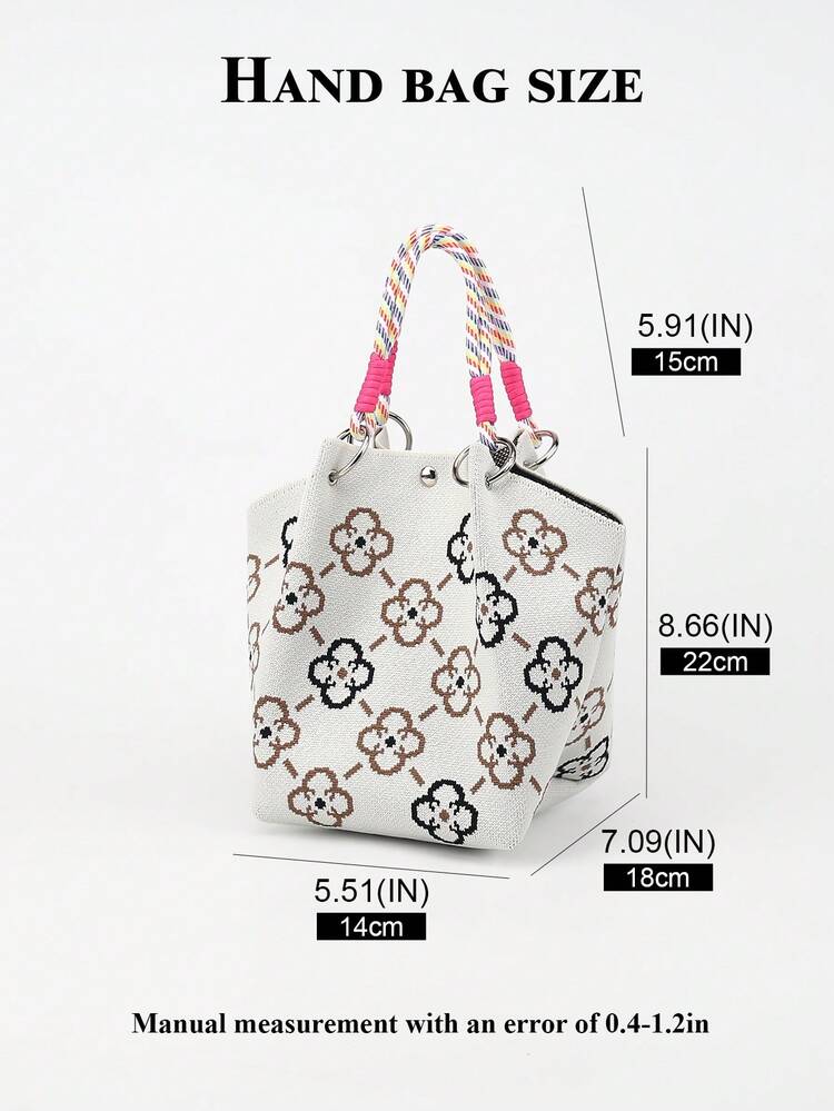 Bolso de cubo de gran capacidad con decoración de nudo de dibujos animados multicolor, bolso de mano elegante y multifuncional para viajes - Beis - Añade 3