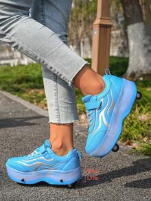 Girls' Sky Blue Wave Pattern , Hook And Loop 4-Wheel Retractable Roller Skates, Children's Sports Inline Skates - Mint Blue - View 7
