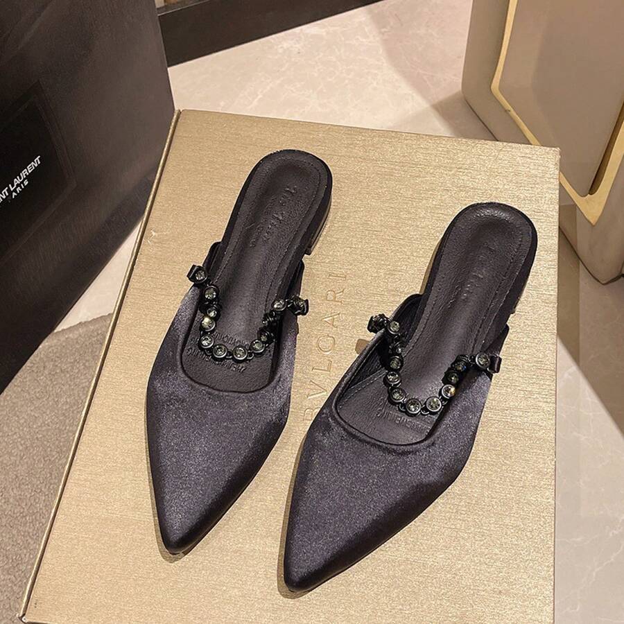 French-Style Elegant Silver Rhinestone Closed-Toe Mules For Women, 2026 New Summer Low-Heel Slip-On Shoes - Black - View 1