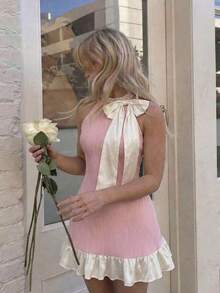 xheSHEIN MOD Vestido mini rosa para mujer con lazo beige y decoración de perlas, vestido corto de invierno, vestido formal, vestido de fiesta, vestido de Año Nuevoxhe - Rosa 2 - Ver 3