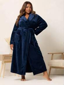 1pc/Plus Size Women's Pajamas Lingerie, A Fashionable Thick Flannel Bathrobe With Pockets, Waist Tie And Folded Collar, Soft And Comfortable, Suitable For Daily Wear - Navy Blue - View 5