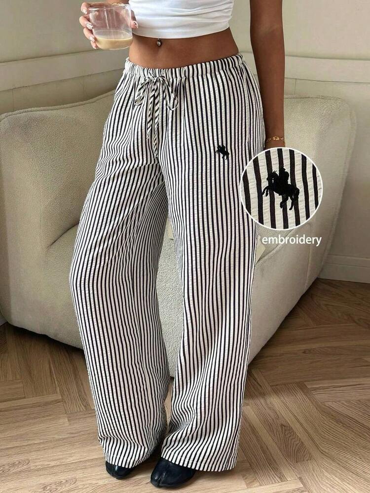 Pantalones de pierna ancha con cintura anudada y estampado de lunares para mujer - Blanco y Negro - Añade 4