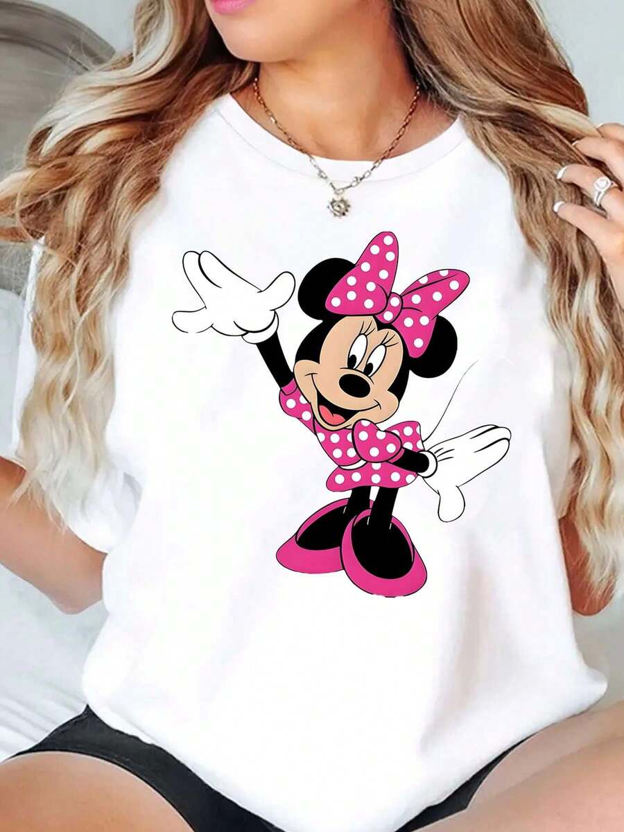 Disney Camiseta de mujer con estampado de vestido y lazo a lunares de Minnie Mouse, de cuello redondo, manga corta, uso casual diario, de verano, suave y cómoda de 220g - Blanco - Ver 1