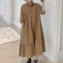 Vestido casual de verano para mujer, talla, color caqui, estilo holgado, versión coreana, corte en A, manga corta, cue... - Caqui - Ver 1