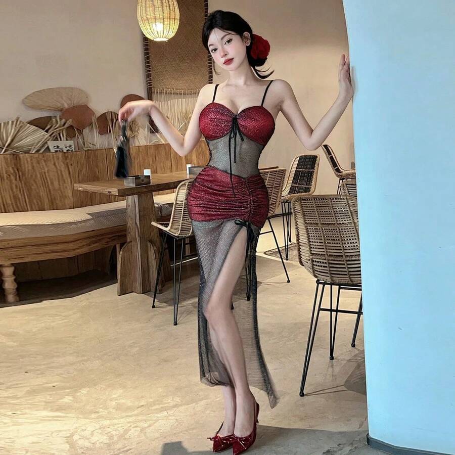 Vestido largo de malla con escote bajo y abertura alta, vestido de noche sin tirantes para discoteca, vestido transparen... - Vino tinto - Ver 1
