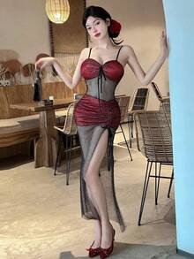 Vestido largo de malla con escote bajo y abertura alta, vestido de noche sin tirantes para discoteca, vestido transparen... - Vino tinto - Ver 3