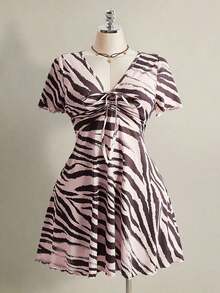 Vestido de manga corta con estampado de cebra, corte slim, tallas grandes, adecuado para el verano, vuelta al colegio, baile de graduación y otras ocasiones. - Multicolor - Ver 4