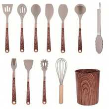 Bộ dụng cụ nấu ăn 11 món kèm giá đỡ - Bộ dụng cụ nhà bếp, tay cầm bằng gỗ có họa tiết, thìa xới thức ăn chống dính kèm hộp đựng. - Nhiều màu - Xem 6