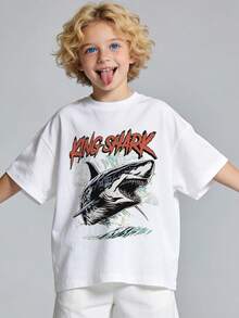 Camiseta informal de manga corta y cuello redondo para niño suave con estampado de tiburón, ideal para primavera y verano.Black - Blanco - Ver 1