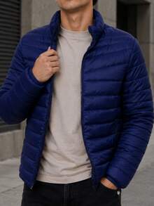Men's HPC Polo Fleece Puffer Jacket, Warm, Casual, Basic, No Hood, Youthful And Modern Style, Ideal For Winter Or Cold Weather - 藏蓝色 - 查看 1