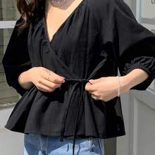 Fashion Women's Clothing  Camisa de manga larga con cinturón envolvente de unicolor, casual para primavera/verano, con volantes - Negro01 - Ver 7