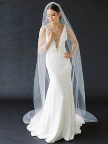 1 pièce Long voile de mariée avec grande traîne, voile de mariage romantique accessoire de mariée avec peigne à cheveux en métal, convient pour la photographie, la fête - Blanc - Voir 7