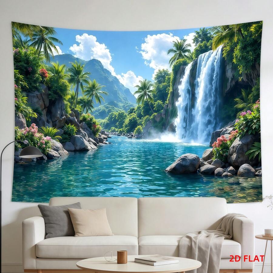 1 buah Banner Latar Belakang Pesta Bertema Sungai Air Terjun Hutan Tropis, Terbuat dari Poliester dengan Pohon Palem, Bukit Hijau, dan Elemen Bunga, Cocok untuk Ulang Tahun, Pernikahan, Fotografi, dan Acara Lainnya