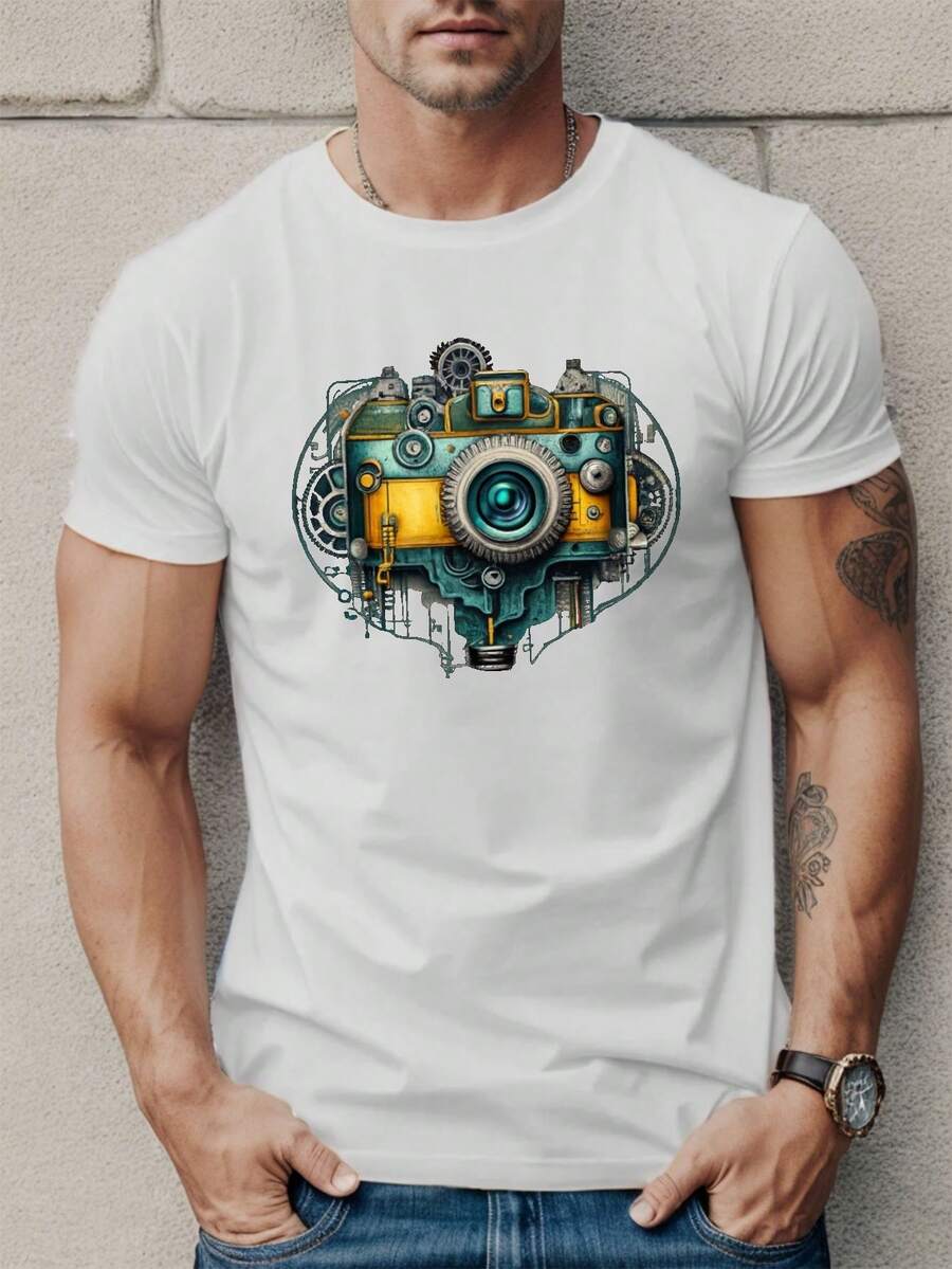Camiseta de manga corta para hombre con diseño compatible con lentes de cámara, cuello redondo casual ideal para verano, 100% algodón puro, estilo único para fotógrafos y amantes de la fotografía, perfecta para uso diario y sesiones de fotos en primavera, verano y otoño, corte regular apto para la mayoría de adultos mexicanos, tejido fresco y transpirable, lavable a máquina, regalo original para fotógrafos y creadores de contenido - Blanco - Ver 1