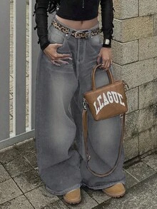 Retro High Street Washed Gray Denim Jeans, Women's Fashion Design Straight Loose Casual Wide Leg Pants, New Autumn Collection - Grey - View 2