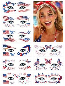 10 Folhas Adesivos Faciais do 250º Aniversário - 4 de Julho - Tatuagens Patrióticas de Aniversário dos EUA, Lembrancinhas da Festa do Dia da Independência do 4 de Julho, Adesivos de Maquiagem Fofos para Mulheres, Celebração Americana Vermelho Branco Azul, Estilo Festival - Multicolorido - Visão 1
