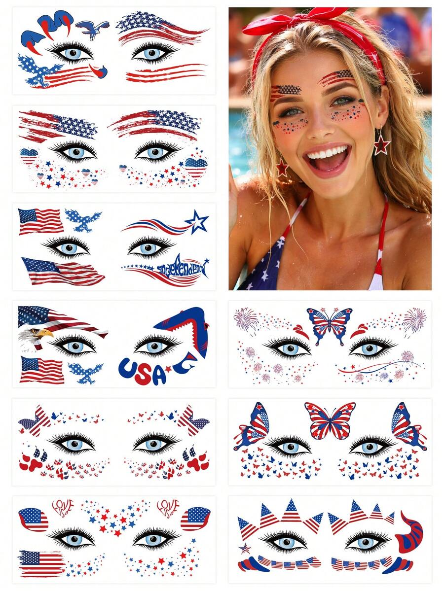 10 Folhas Adesivos Faciais do 250º Aniversário - 4 de Julho - Tatuagens Patrióticas de Aniversário dos EUA, Lembrancinhas da Festa do Dia da Independência do 4 de Julho, Adesivos de Maquiagem Fofos para Mulheres, Celebração Americana Vermelho Branco Azul, Estilo Festival - Multicolorido - Visão 1