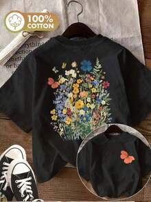 [Double-Sided Print] Women's Summer Casual Tops, Watercolor Style, Flower And Butterfly Print, Round Neck, Pure Cotton Short Sleeve T-Shirt [LingK] Spring Outfit, Cotton T-Shirt. - 黑色 - 查看 7