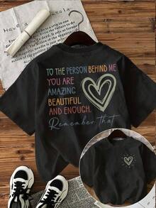 [Double-Sided, Front And Back Print] Short-Sleeved T-Shirt With "Heart For The Person Behind Me" Lettering In Cozy Style. - Black - View 8