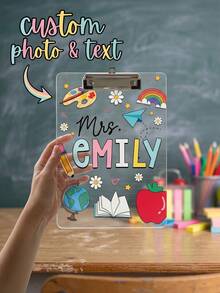 1pc Personalized Custom Teacher Clipboard, Customized Name Transparent Acrylic Board With Metal Clip, Cute School Supplies Doodle, Transparent Rainbow And Apple Design, Unique Teacher Appreciation Gift, Suitable For Classroom Decoration, Lesson Plans And Daily Use - Multicolor - View 1