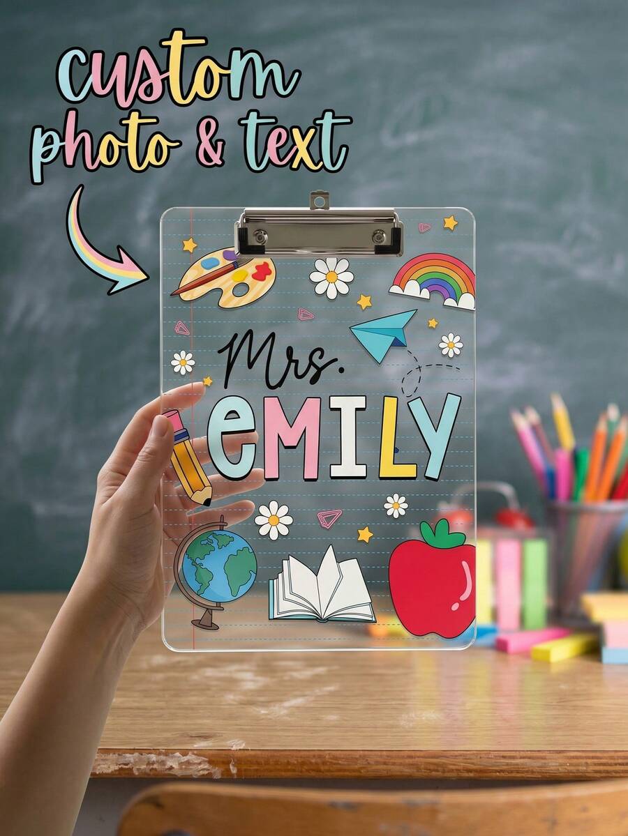 1pc Personalized Custom Teacher Clipboard, Customized Name Transparent Acrylic Board With Metal Clip, Cute School Supplies Doodle, Transparent Rainbow And Apple Design, Unique Teacher Appreciation Gift, Suitable For Classroom Decoration, Lesson Plans And Daily Use - Multicolor - View 1