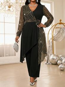 Fleurora Black Patchwork Metallic Silver Pleated Contrast Design 3D Floral Decor V-Neck Long Sleeve Irregular Hem Blouse + Fitted Straight Leg Pants - Black - View 4