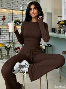 Women's Casual Clothing Solid Color Two-Piece Women's Casual Waist Pleated Long-Sleeved Top With Trousers Suit - nâu sẫm - Xem 1