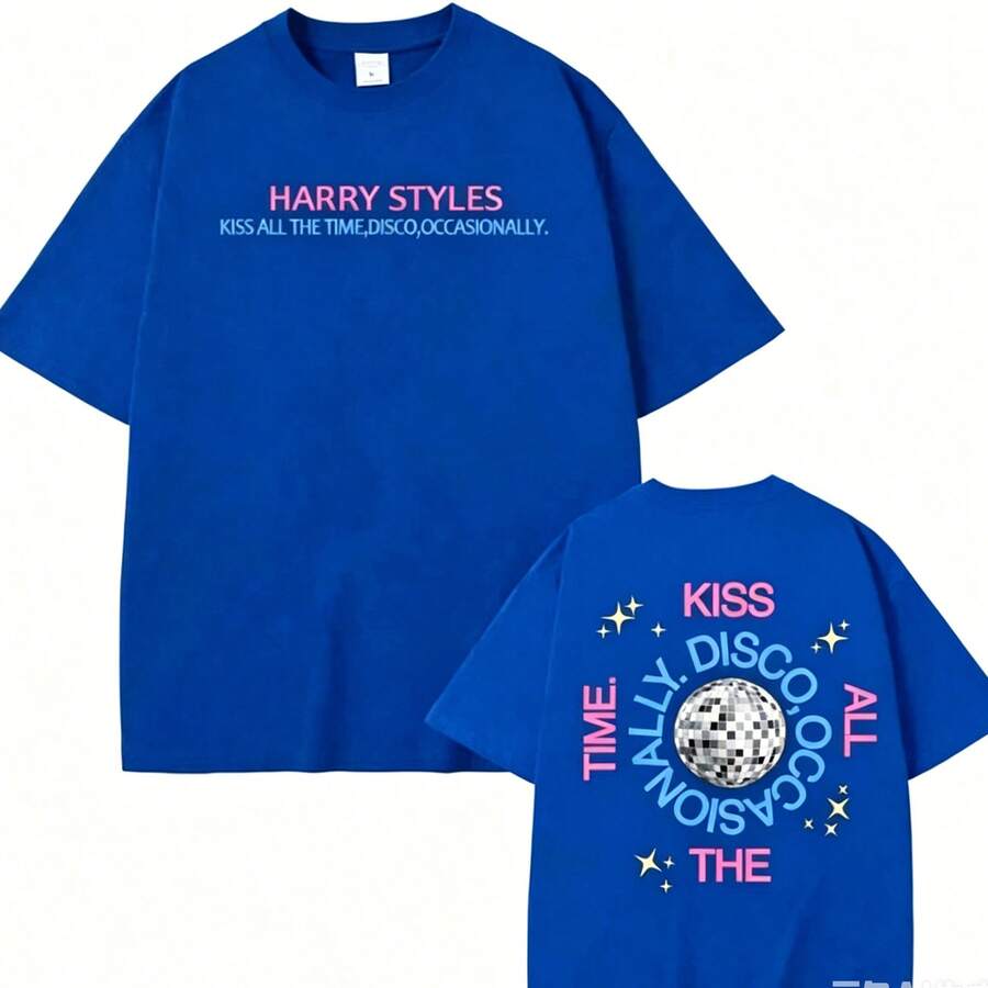 T-Shirt With A Print Of ' New Album, "Kiss All The Time" (2026), High Quality, Harajuku Summer Style, Pure Vintage Style, Unisex, Loose Fit, Cotton, Short Sleeve, Round Neck, Blouses For Women. Casual Blouses For Ladies. Print. Print T-Shirt. - 藍色 - 查看 1