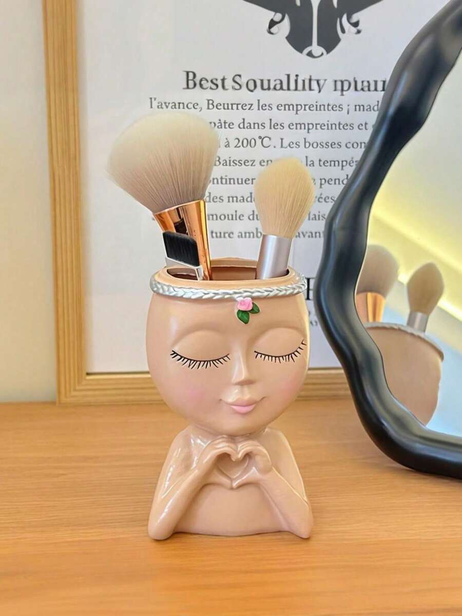 Cute Face-Shaped Makeup Brush Holder, Suitable For Vanity Tabletop | Decorative Desktop Storage Box, Can Hold Brushes, Pencils, Cosmetics | Japanese Cute Beauty Stationery Organizer | Aesthetic Room Desk Decor