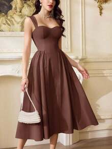 Elegante vestido vintage para mujer con bolsillos, vestido casual blanco para fiesta de té, vacaciones de verano, vestido formal, corsé, cumpleaños, invitada de boda. - Marrón Mocha - Ver 1