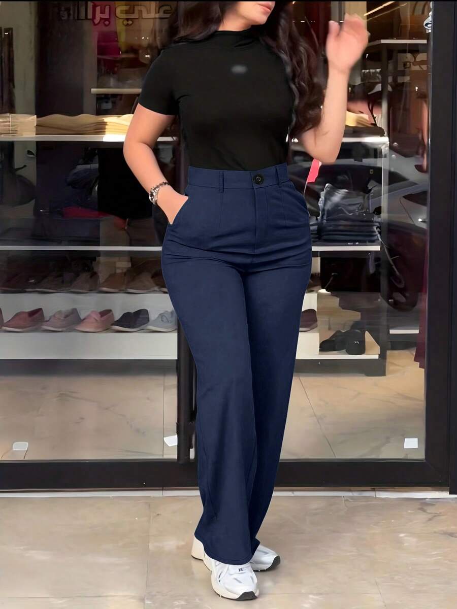 Jisfaneya Solid-Color Pocket Zipper Button Straight-Tail Suit Fabric Black Pants Elegant And Stylish Office Daily Versatile Suit Pants - Navy Blue - View 1