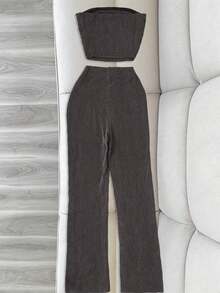 Conjunto de top sin tirantes elegante y pantalones casuales pitillo de punto elástico para mujer, adecuado para fiesta y gimnasio - Gris Oscuro - Ver 4