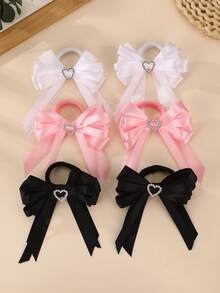 2pcs/6pcs Girls Heart Ribbon Bow Hair Scrunchies Set, Suitable For Daily Decoration - Multicolor - View 1