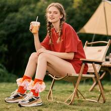 Women Big Ruffle Ankle Socks Adult Fluffy 4-Layer Lace Frilly Socks Fold Cuff Cotton Fancy Ruffled Dress Sock - Orange - 1 Pair - View 3