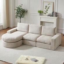 Chenille Sofa With Curved Elements And Chaise Longue, Fully Compressed And Frameless, Modular Corner Sofa With L-Shaped Chaise Longue, Compressed Foam Sofa, No Assembly Required - 米色 - 查看 5
