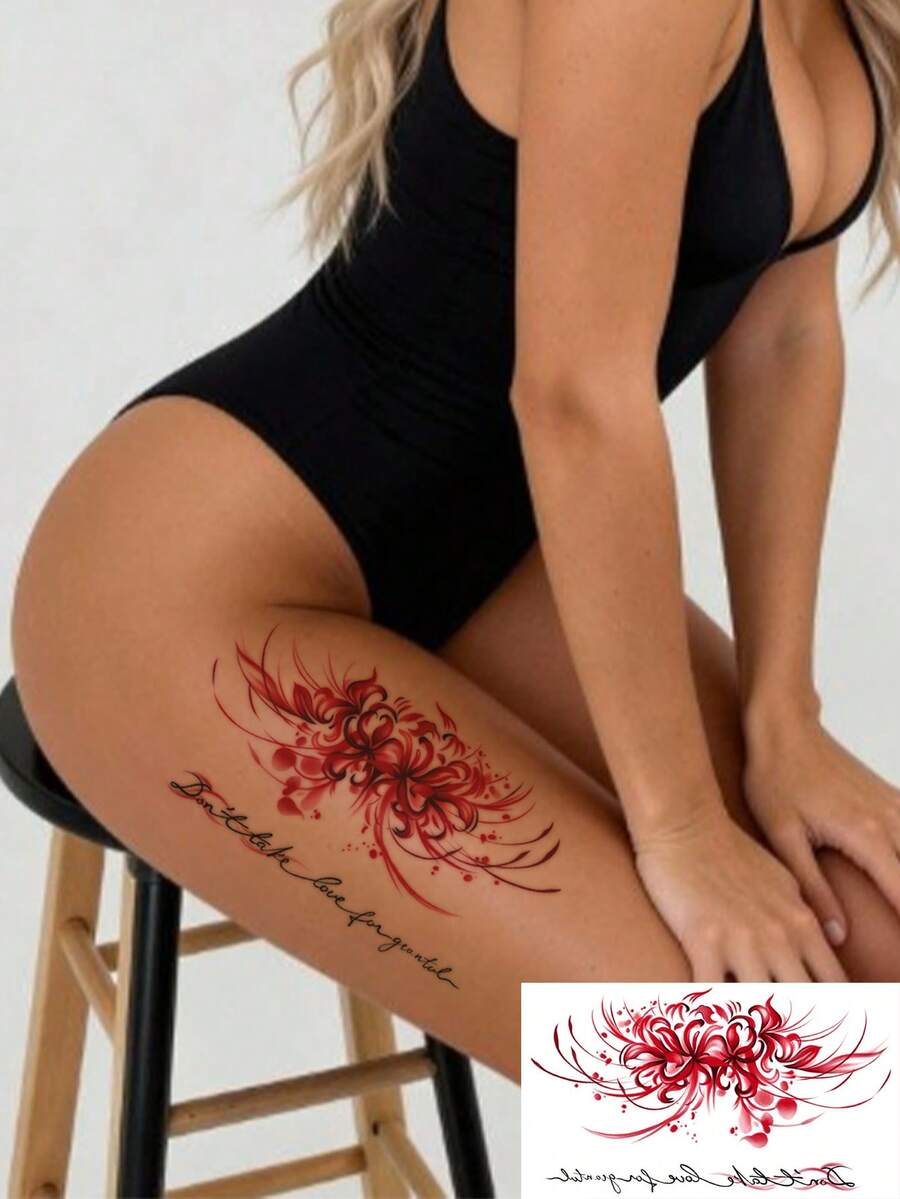 1pc Red Flowers Lily With Handwritten Text Horizontal Temporary Tattoo, A Realistic Tattoo Design With Handwritten Text, Suitable For Travel, Music Festivals, Games, Graduation Gifts, And Lasting For 3-5 Days. - Multicolor - View 1