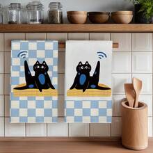 2pcs Cute Black Cat Checkered Pattern Kitchen Towels, 40*60cm Microfiber Dish Cloths, Cleaning Rags, Hand Towels, Kitchen Decor, Housewarming Gift - Multicolor - View 1